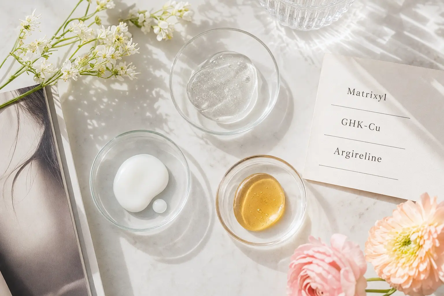 A flatlay of three different serum textures in small glass dishes: a clear gel, a lightweight milky emulsion, and a rich