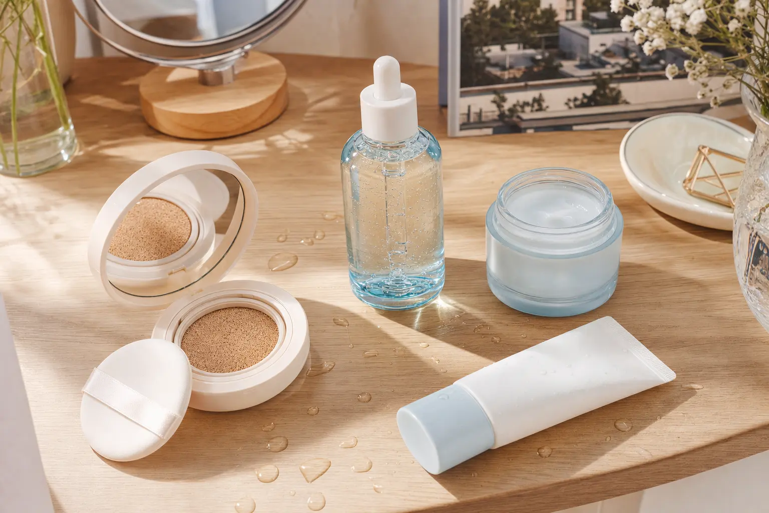 A flat‑lay of a simple morning K‑beauty routine: a cushion compact, hyaluronic serum bottle with a dropper, a light mois