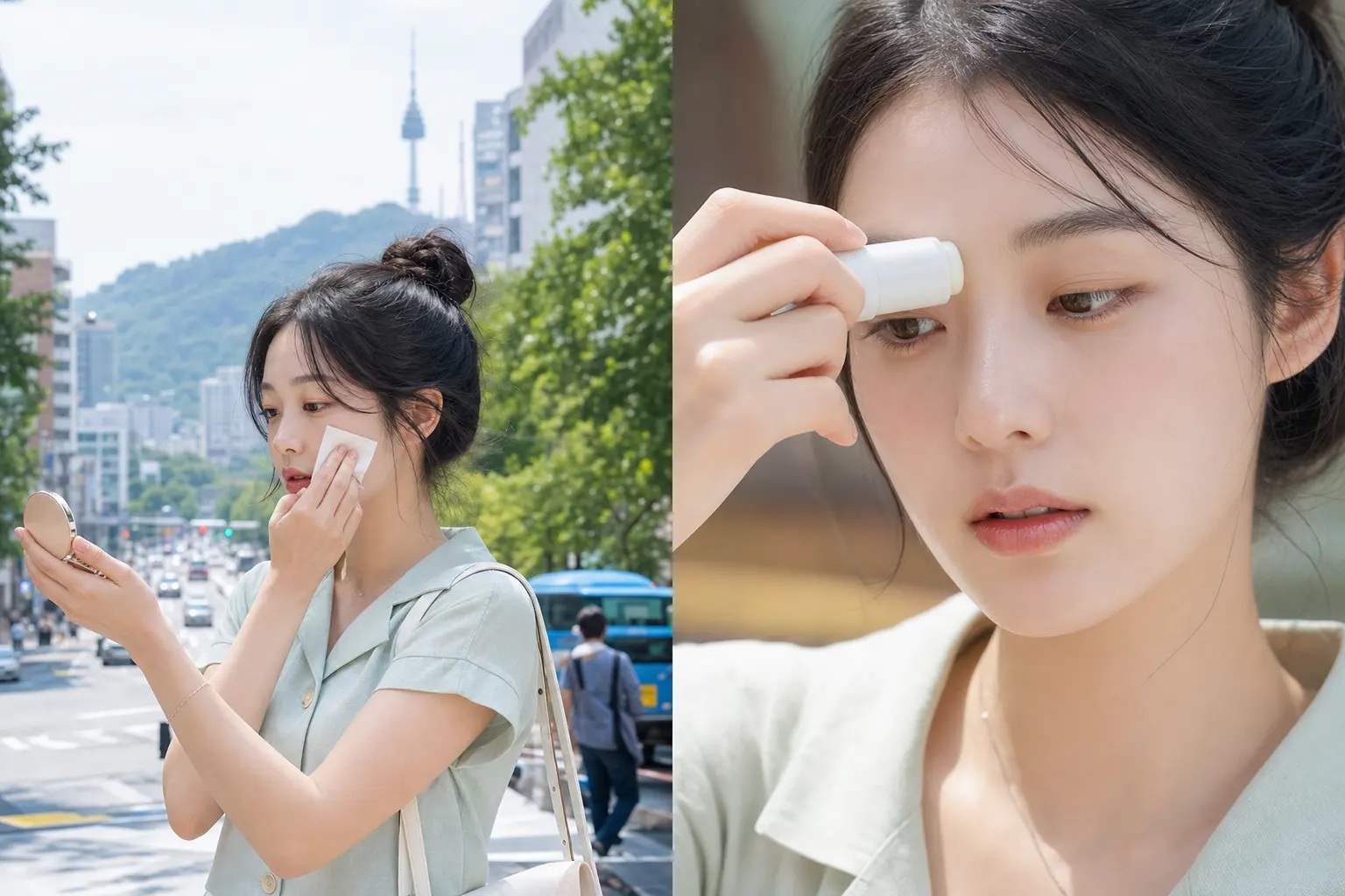 A split-scene image: left side shows humid street in Seoul with a woman blotting oil, right side shows close-up of her p