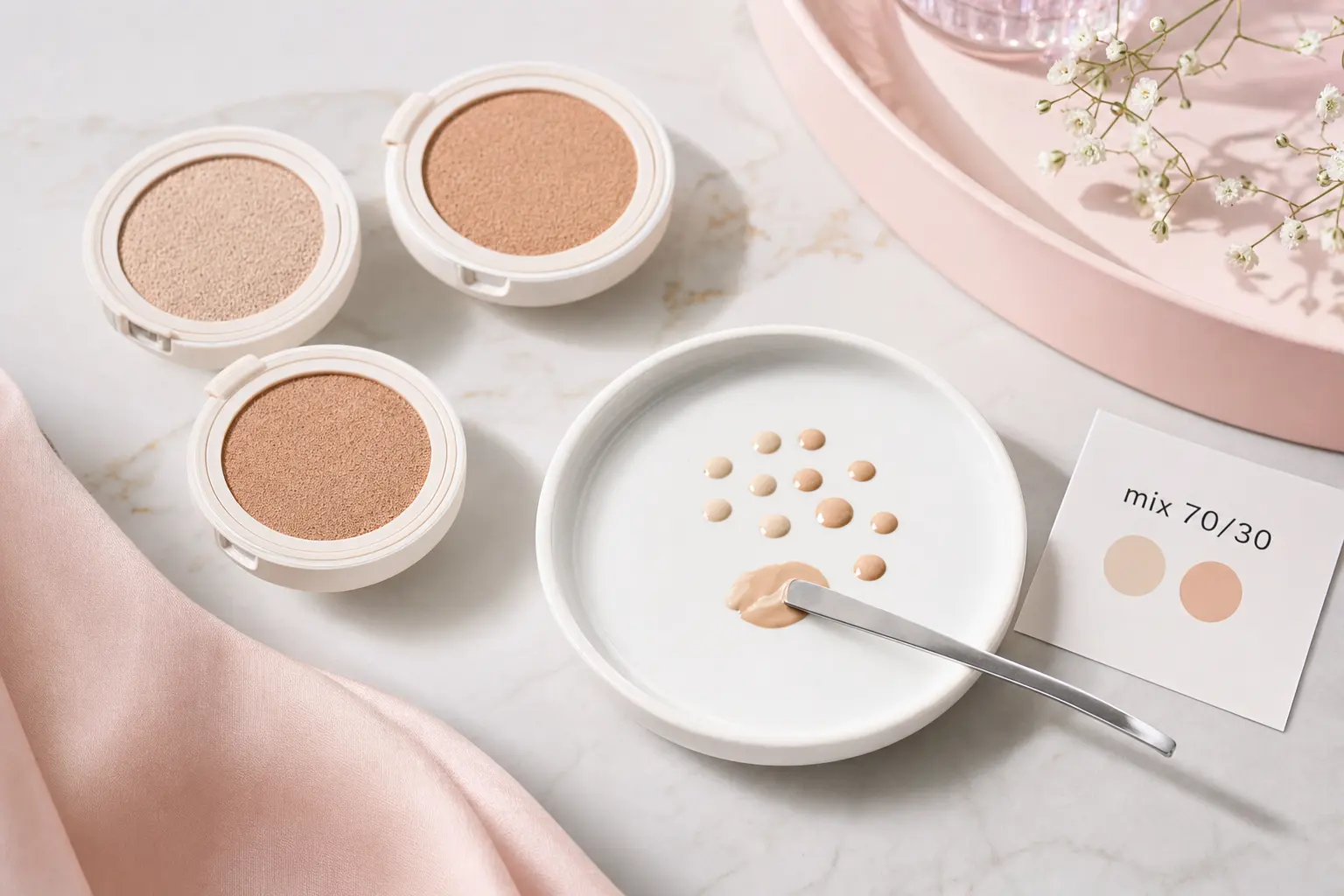 Flat-lay of three cushion refills and a clean white ceramic dish with tiny mixed droplets of two shades, a small spatula