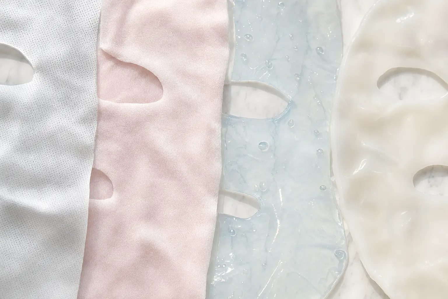 Section image for materials comparison: close-up macro of four mask textures laid side-by-side—polyester non-woven, soft
