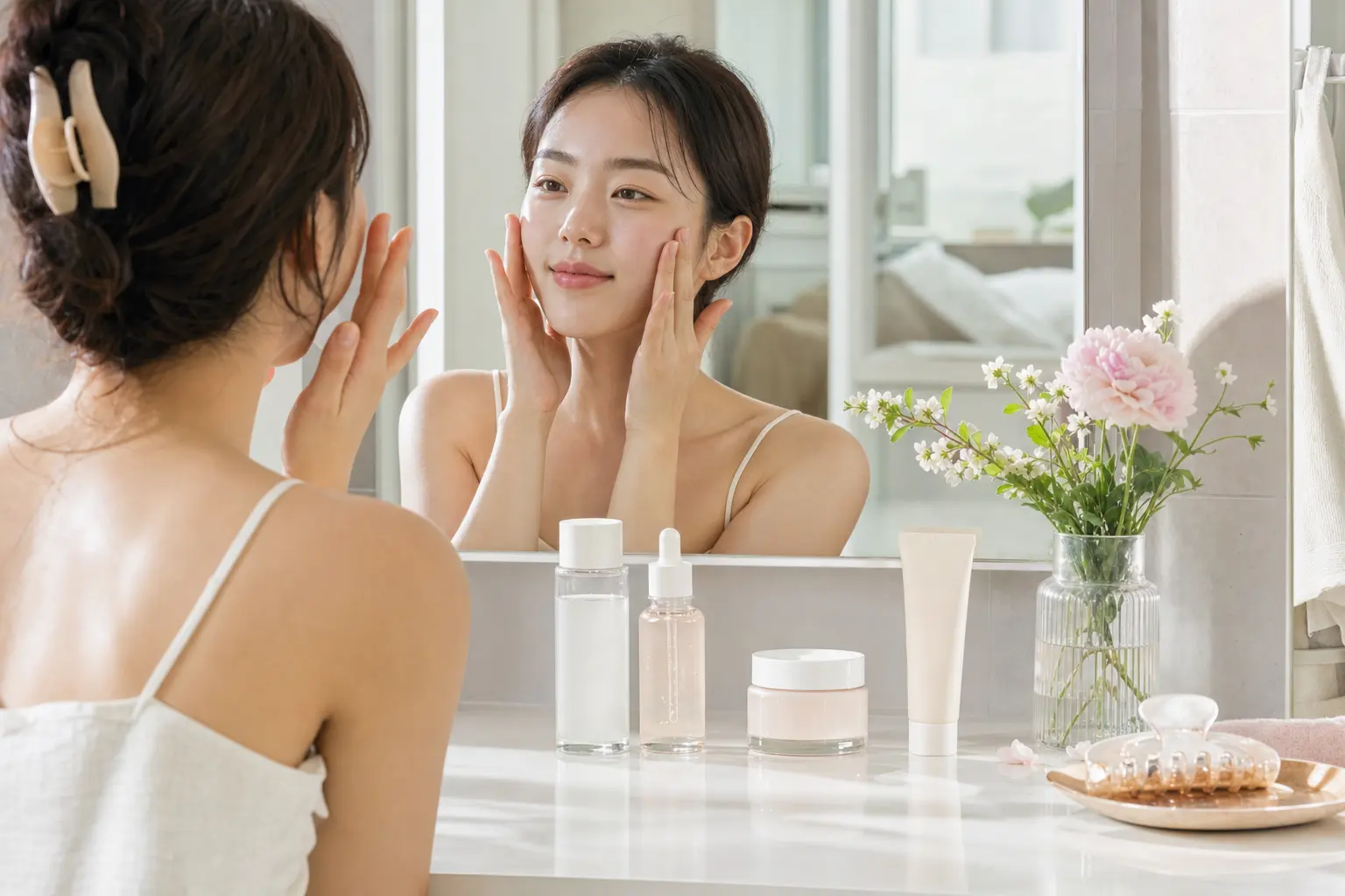 Bathroom vanity scene with a few K-beauty skincare steps lined up (toner, serum, moisturizer) and a sunscreen placed las