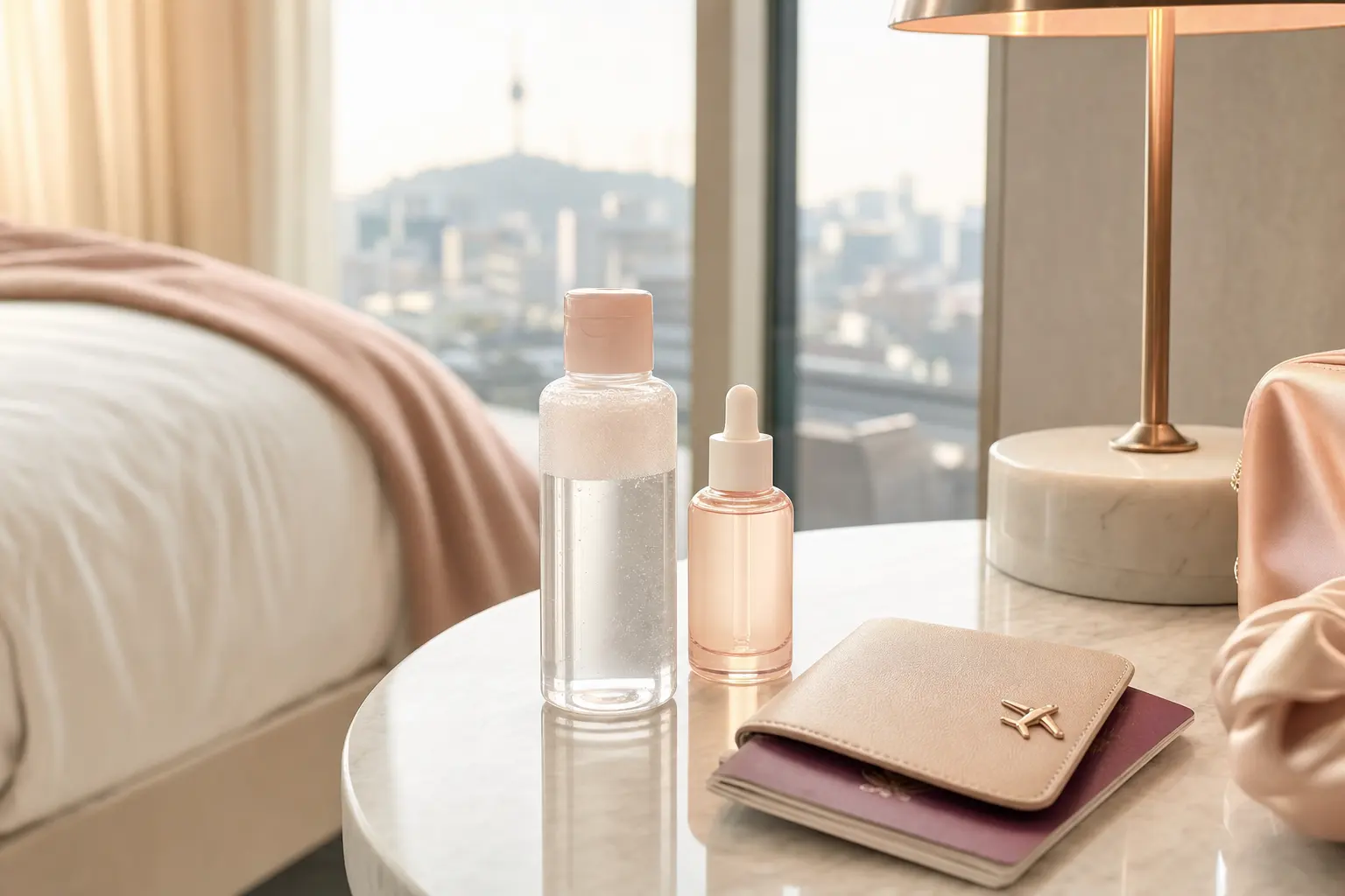 A travel-ready scene with a small wash bottle, compact serum, and a passport on a hotel nightstand; warm golden light an