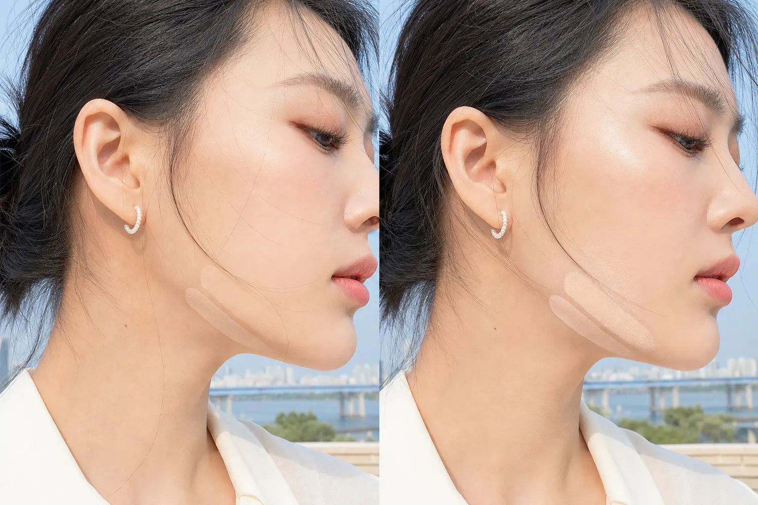 A side-by-side jawline swatch comparison photograph: thin one-press swatch and built-up two-press swatch on a model's ja