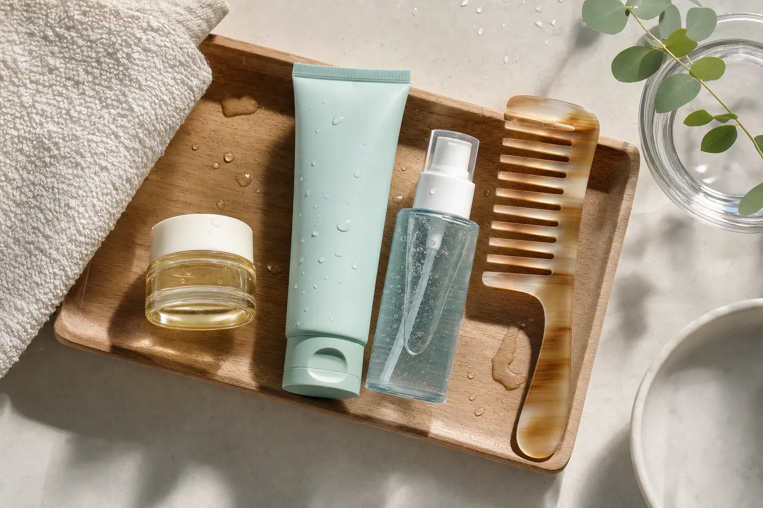 A staged flat-lay of weekly treatment essentials: a small jar of pre-shampoo oil, a tube of low-pH shampoo, a hyaluronic