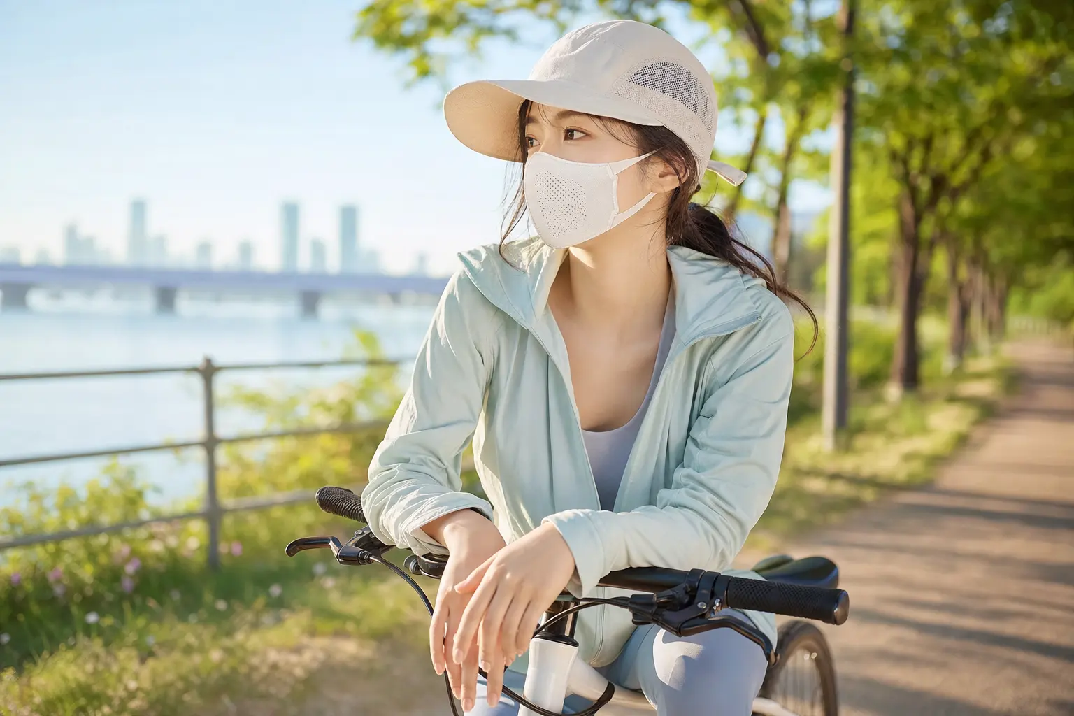 Section image for outdoor masks: a cyclist pausing on a sunlit urban trail wearing a breathable sport mask, visible vent