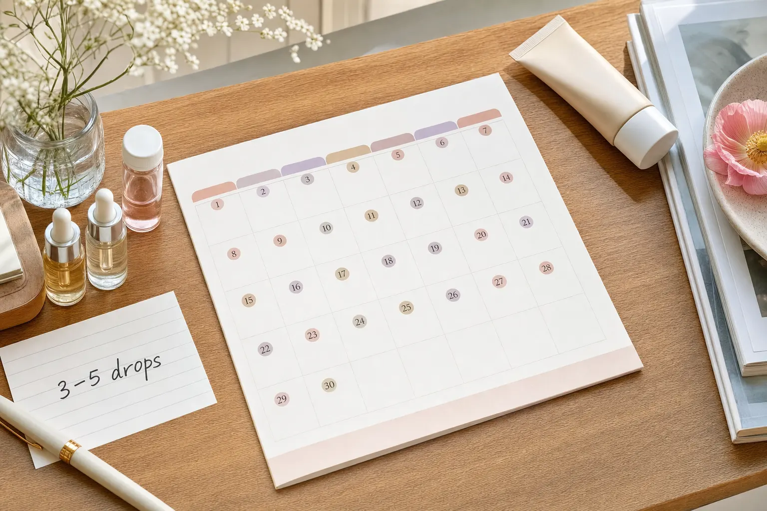 A staged 30-day routine calendar on a wooden desk with small sample vials of essence, a sunscreen tube, and a notecard w