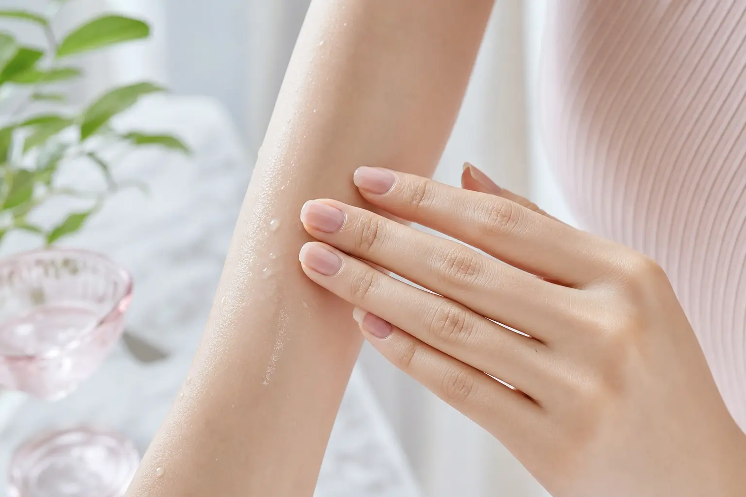 Close-up of hands pressing a lightweight body serum into slightly damp forearm skin; show water droplets, subtle sheen o
