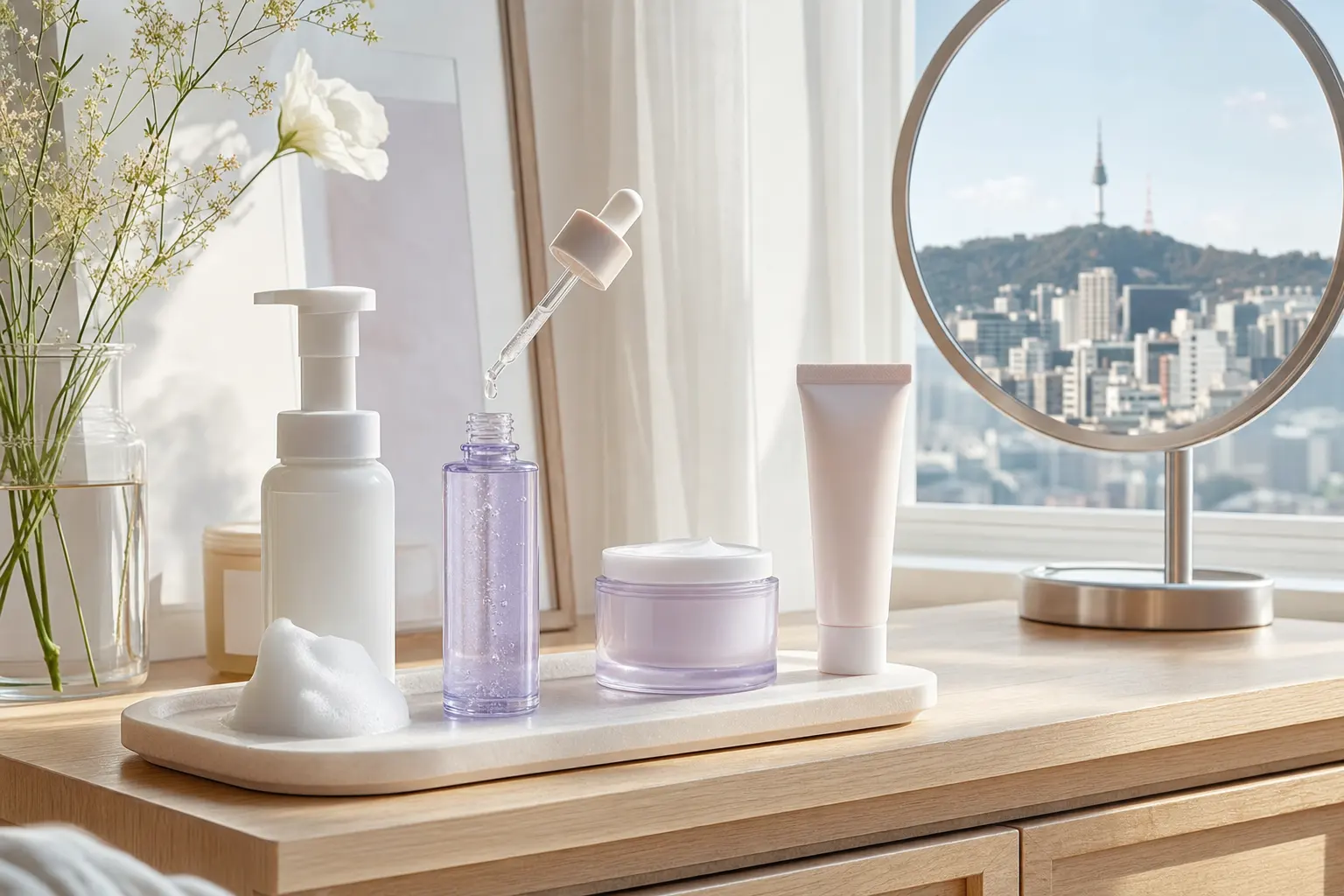 A step‑by‑step visual of a morning routine: cleanser foam on a tray, a peptide gel serum bottle being dispensed, a moist