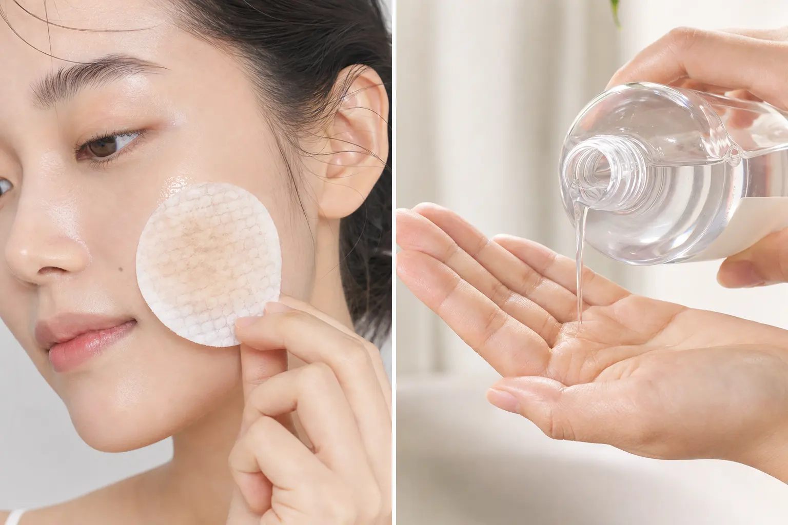 A comparison image with two panels: left panel shows a textured exfoliating pad being gently swept on a cheek with visib