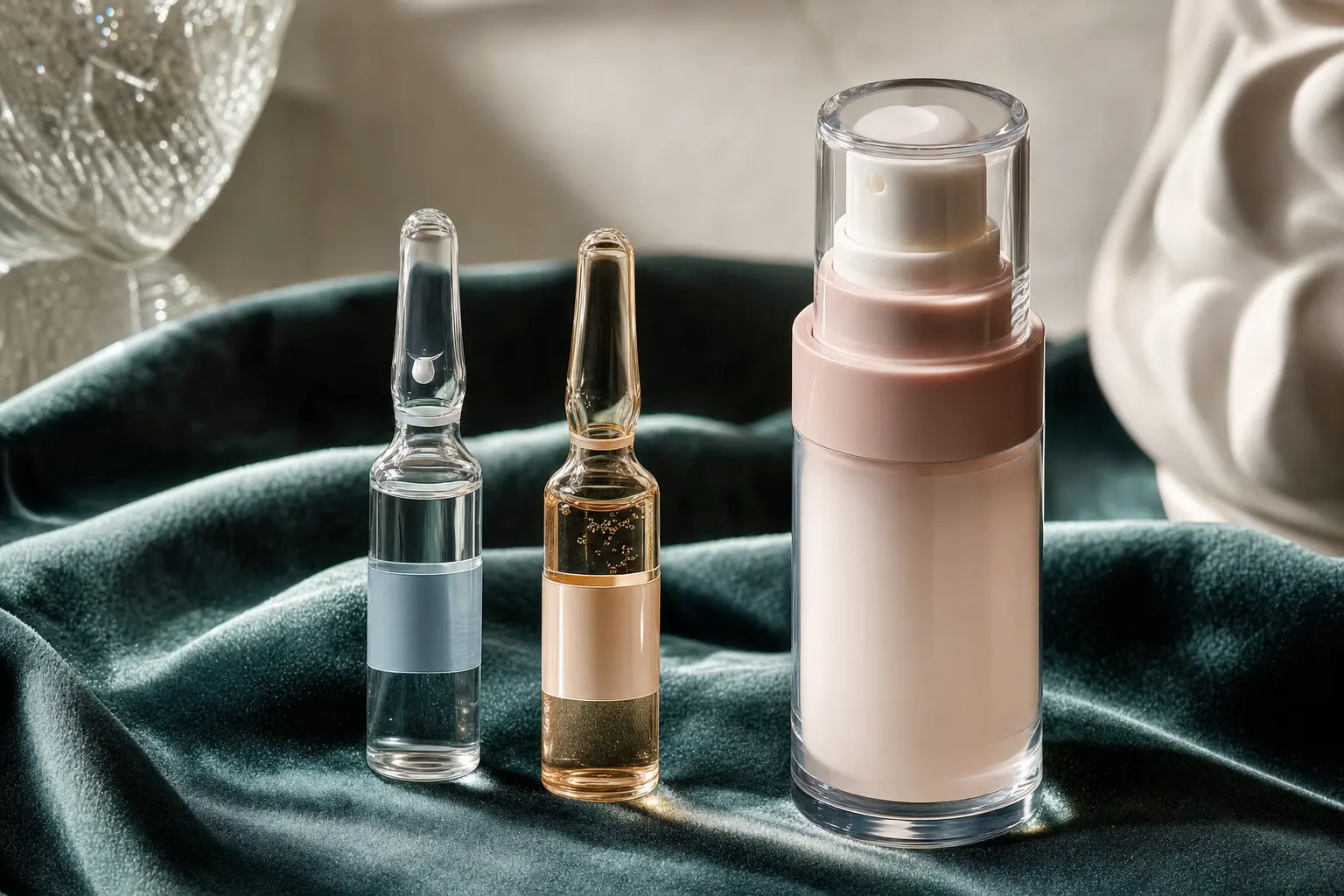 Close shot of two sealed ampoules and an airless pump bottle on a dark velvet cloth to illustrate packaging differences;