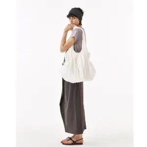 LUNE Shirred Drawstring Fabric Shoulder Bag - 2 Colors (Ivory, Dark Brown)