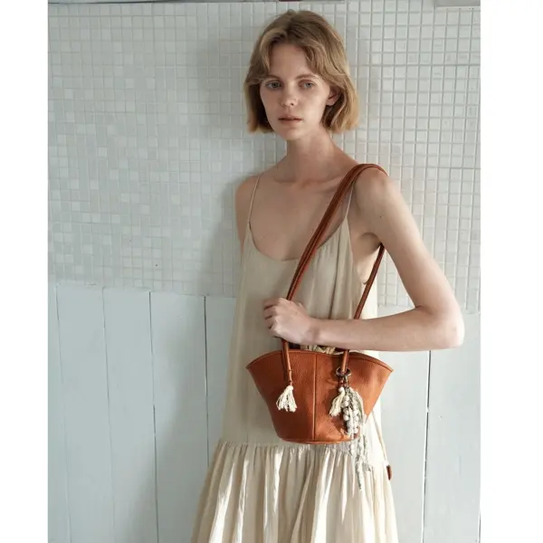 KANO Leather Bucket Shoulder Bag with Tassel Charm - 3 Colors