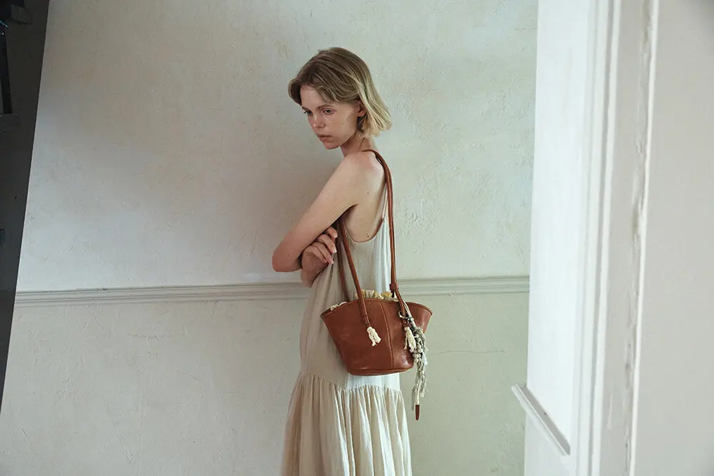 KANO Leather Bucket Shoulder Bag with Tassel Charm - 3 Colors Detail