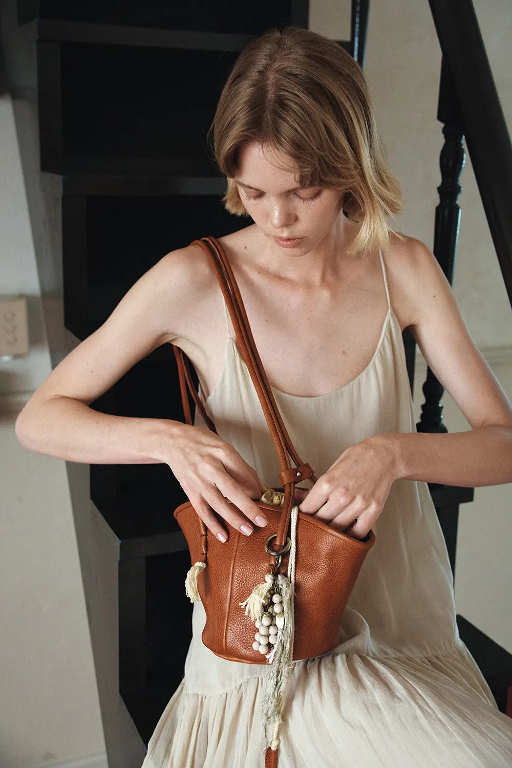 KANO Leather Bucket Shoulder Bag with Tassel Charm - 3 Colors Detail