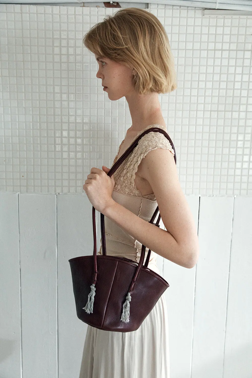 KANO Leather Bucket Shoulder Bag with Tassel Charm - 3 Colors Detail