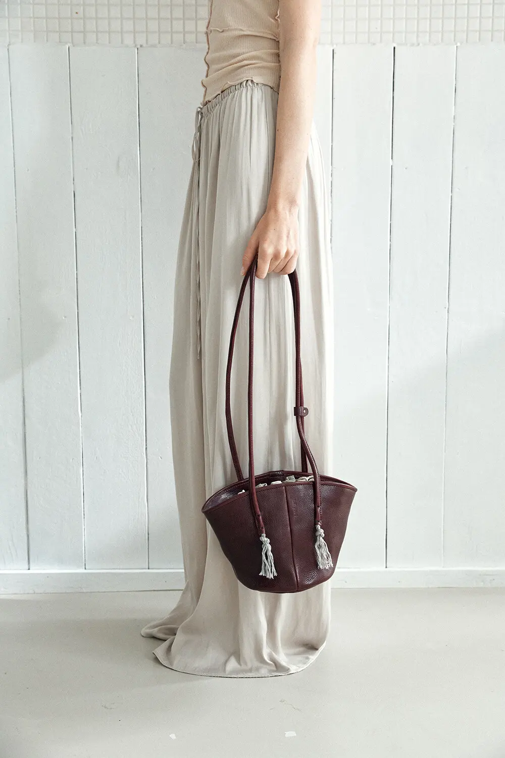 KANO Leather Bucket Shoulder Bag with Tassel Charm - 3 Colors Detail