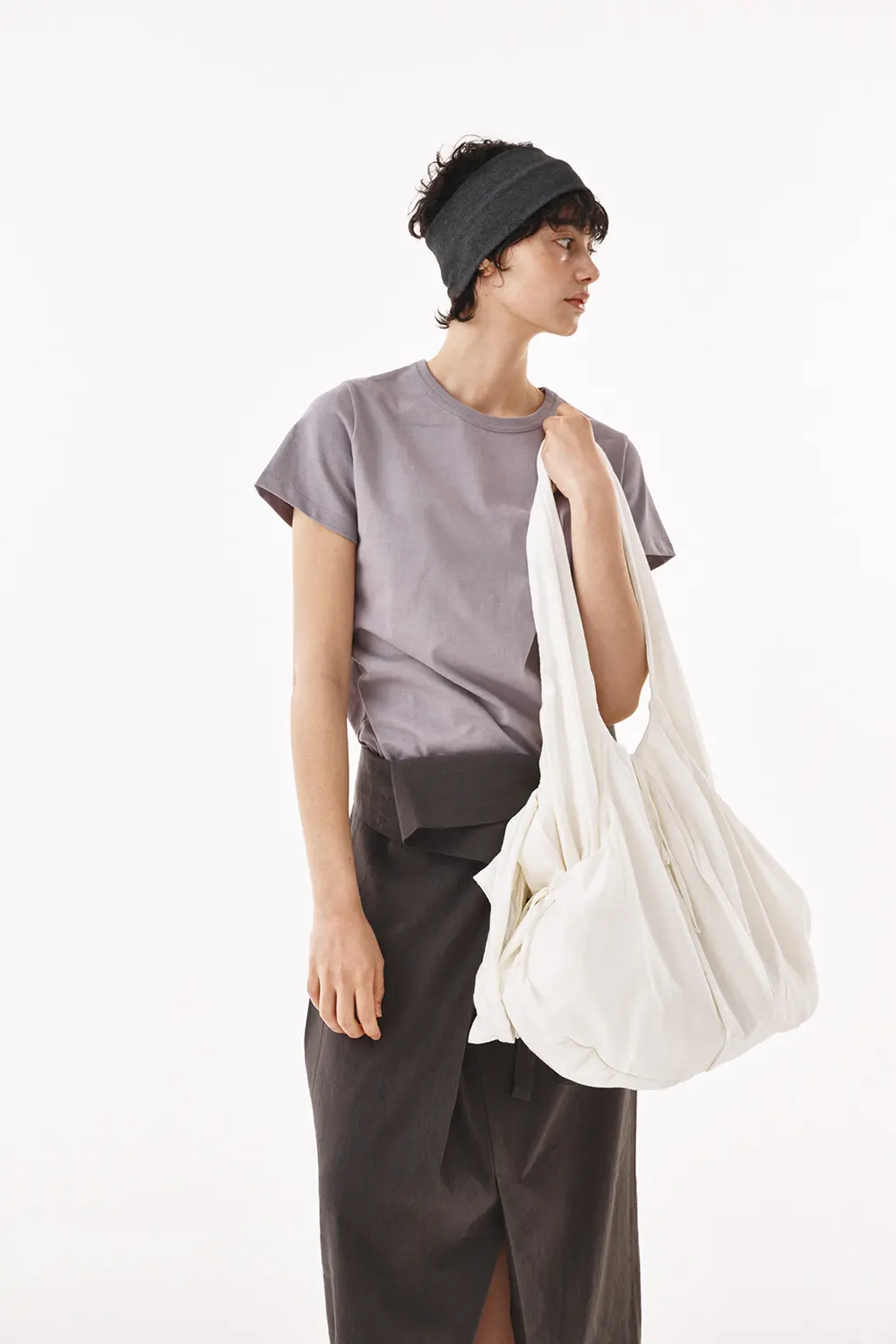 LUNE Shirred Drawstring Fabric Shoulder Bag - 2 Colors (Ivory, Dark Brown) Detail