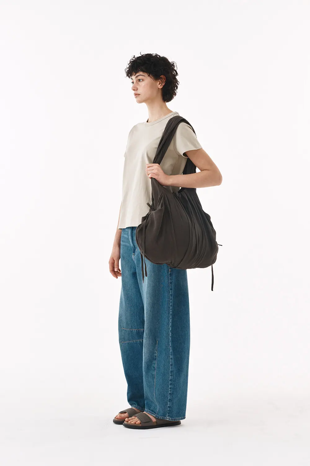 LUNE Shirred Drawstring Fabric Shoulder Bag - 2 Colors (Ivory, Dark Brown) Detail