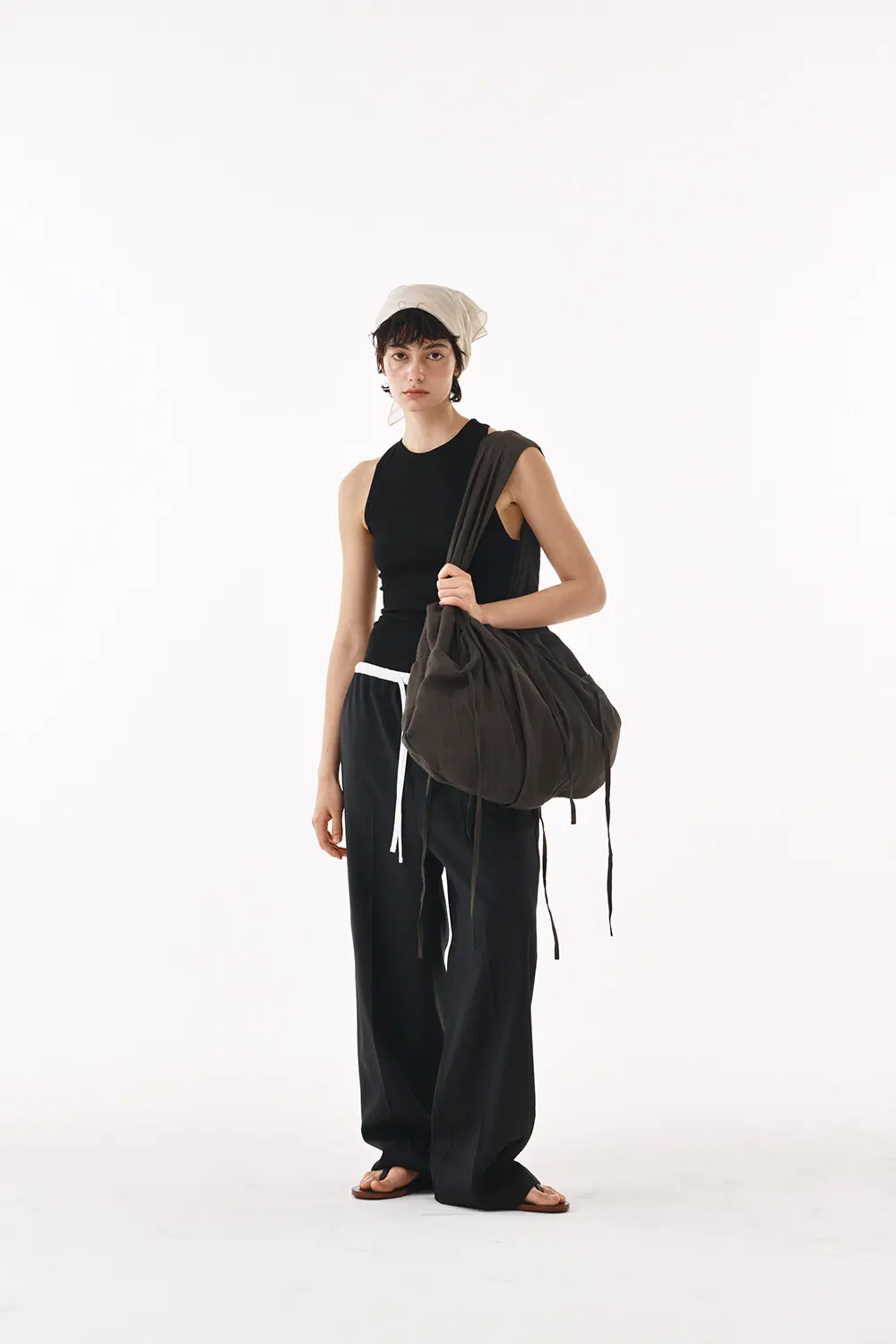 LUNE Shirred Drawstring Fabric Shoulder Bag - 2 Colors (Ivory, Dark Brown) Detail