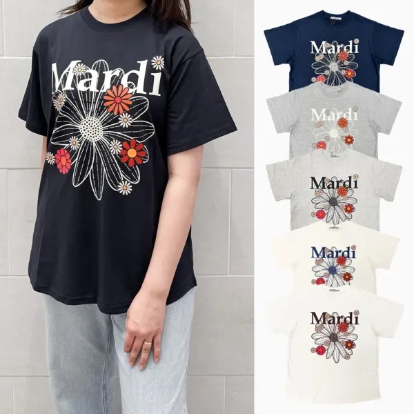 MARDI MERCREDI Women's Slub Cotton FlowerMardi Relaxed T-Shirt Gray/Ivory