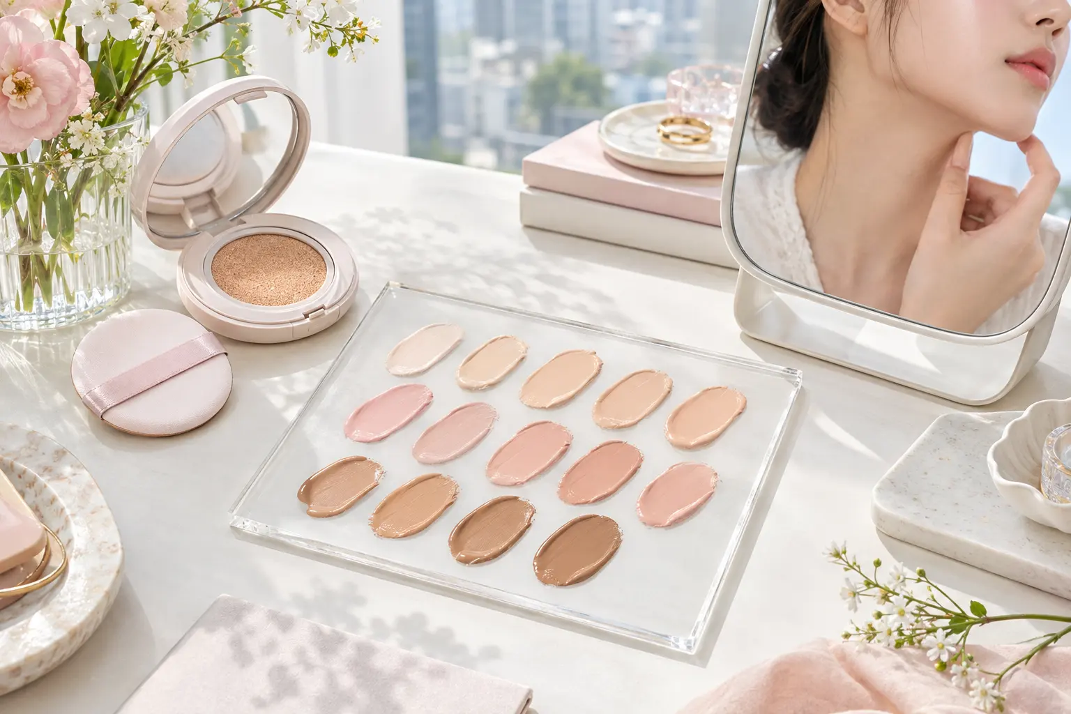 Illustrate a shade-matching setup for a cushion foundation guide: several neutral, pink and deeper beige swatches on a c