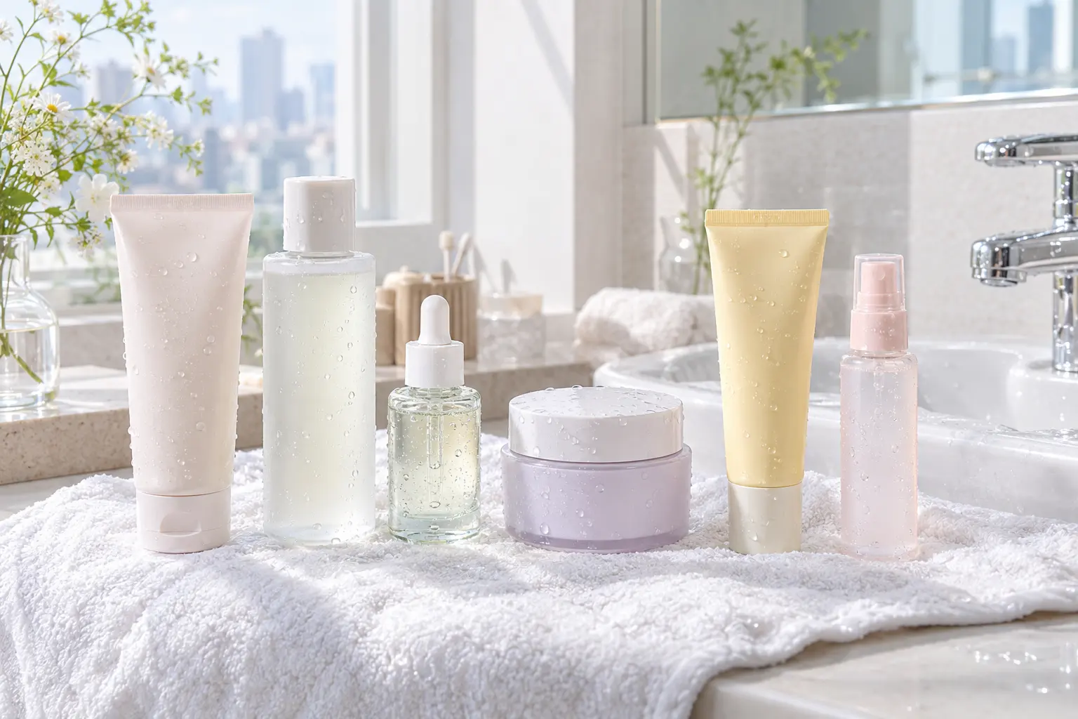 Show a practical dry-skin routine beside a bathroom sink: a cleanser, toner bottle, serum dropper, moisturizer jar, suns