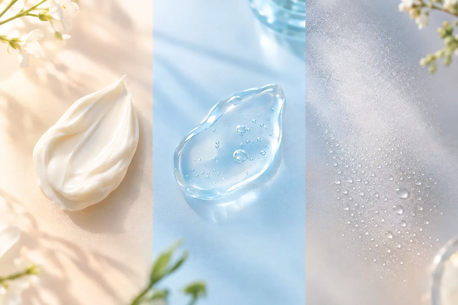 Illustrate the comparison section with three abstract skincare textures on a matte glass surface: a dense ivory cream, a