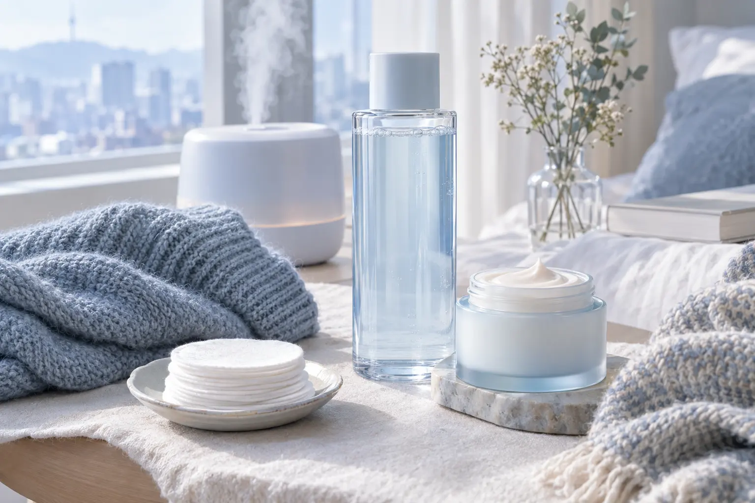 A calm dry-skin routine still life for a cool-weather morning: a knit sleeve, humidifier mist in the background, a large