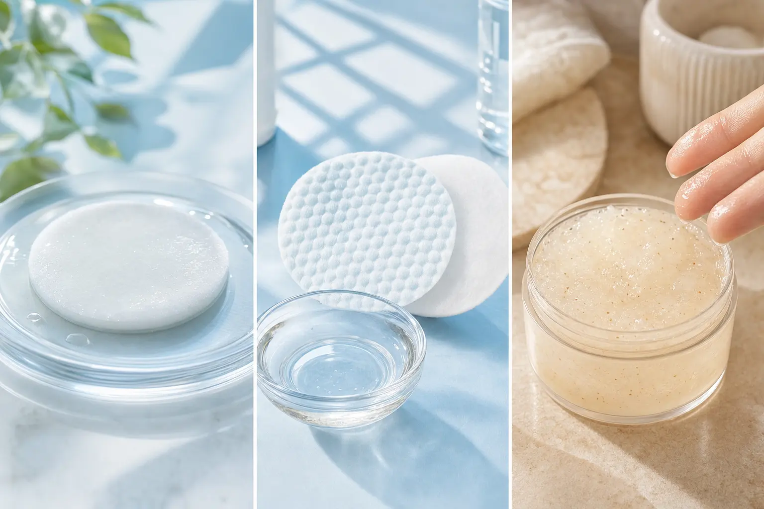 Illustrate the mechanism comparison with three clean tabletop objects: a smooth soaked cotton pad, a dual-textured pad b