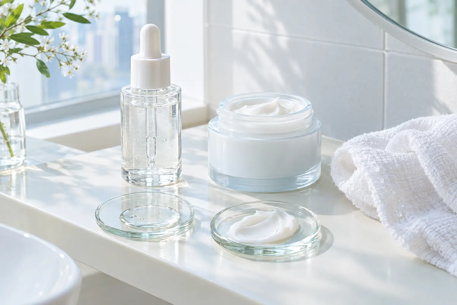 Illustrate the difference between a lightweight serum and a richer cream on a pale bathroom shelf: a clear dropper bottl