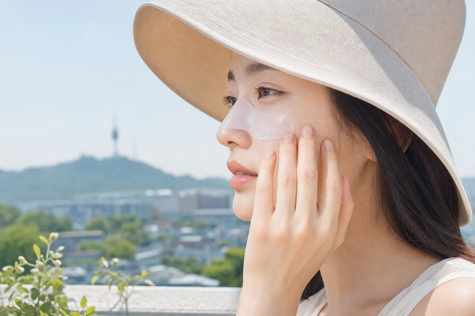 Outdoor scene: a person placing a hydrogel sun patch on the bridge of the nose and cheekbone while wearing a wide brim h