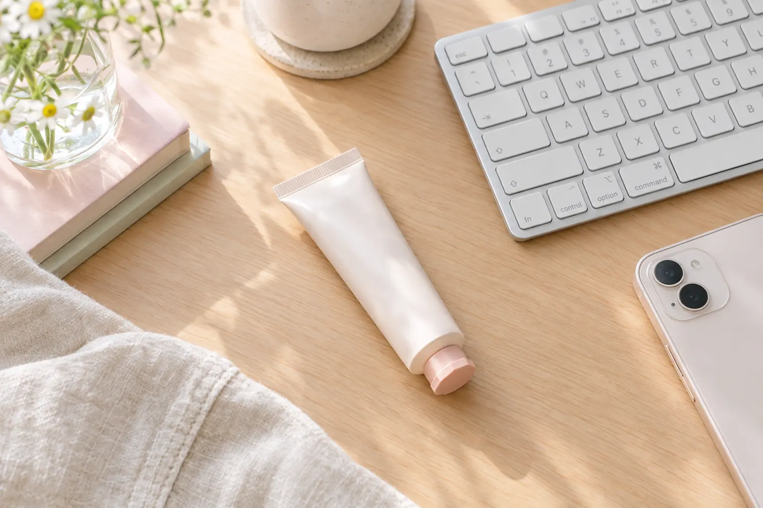 A small unbranded hand-cream tube resting beside a keyboard and phone on a tidy light-wood desk. Warm daylight and a lin