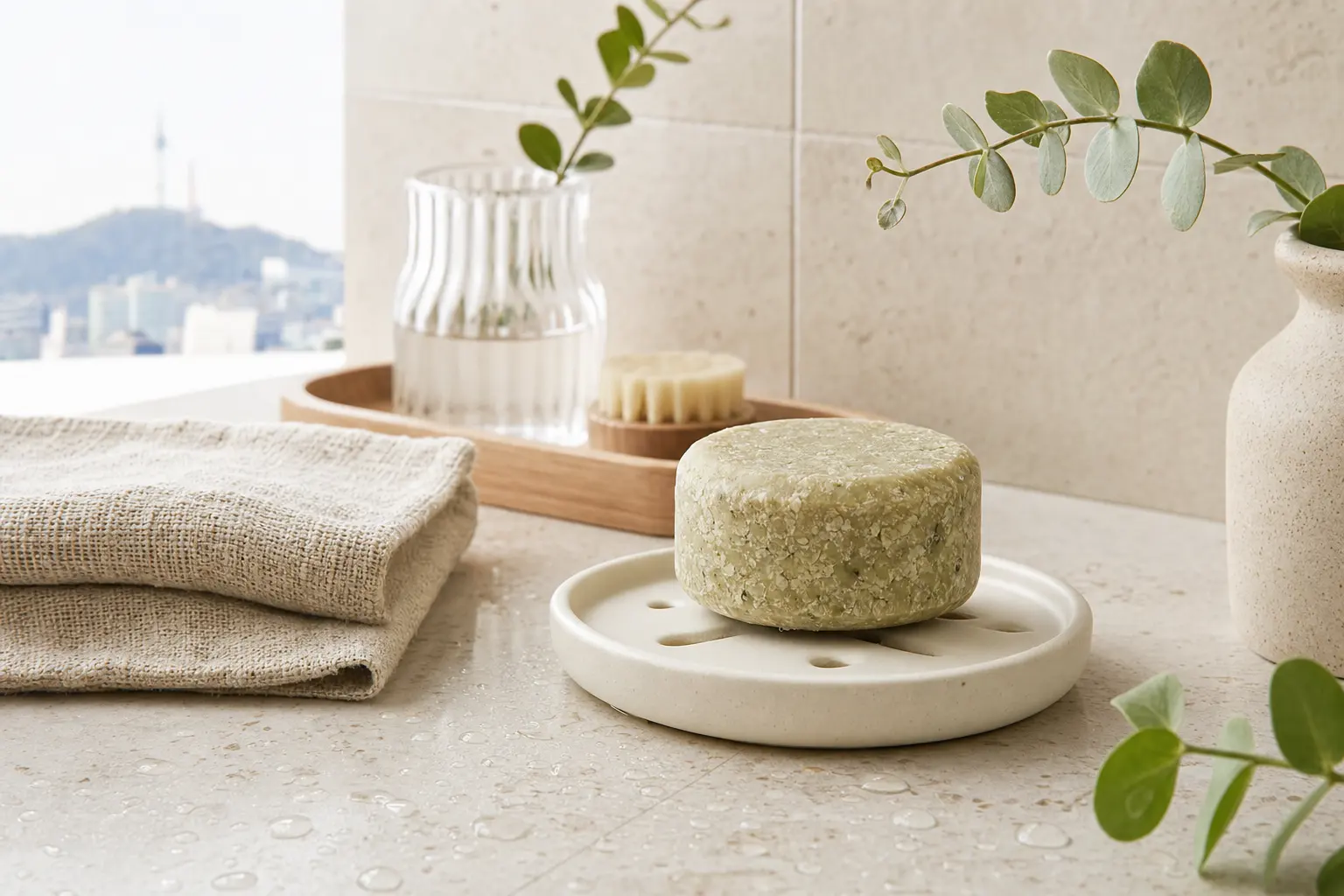 Show a solid shampoo bar routine in a minimalist bathroom: a textured shampoo bar resting on a ventilated ceramic dish, 
