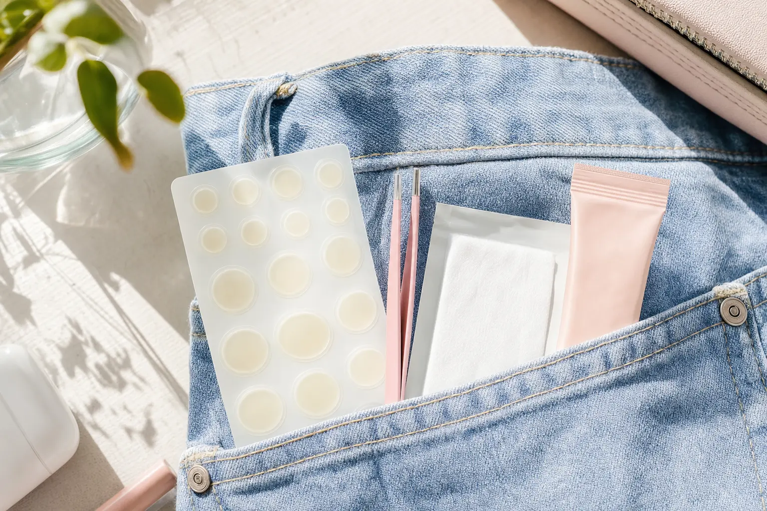 Travel pocket kit laid out on a denim pocket: a multi‑size patch sheet, tiny tweezers, a folded cleansing wipe packet, a