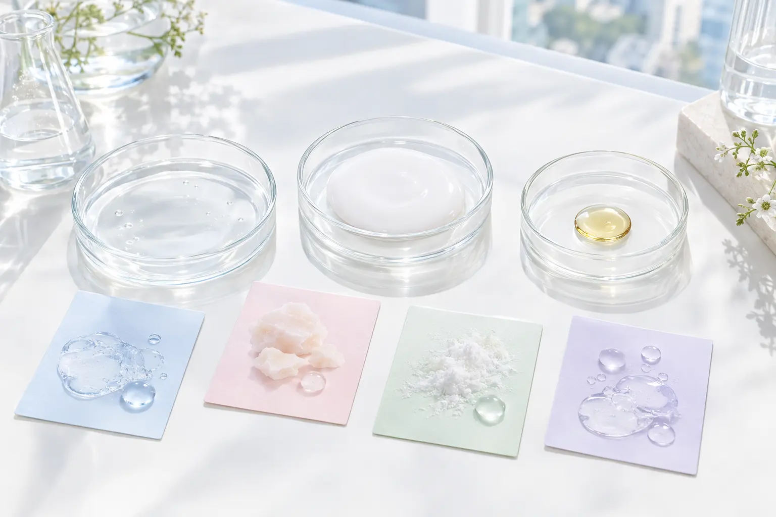 A comparison scene showing a silky clear toner texture, a richer milky essence texture, and a small drop of facial oil o