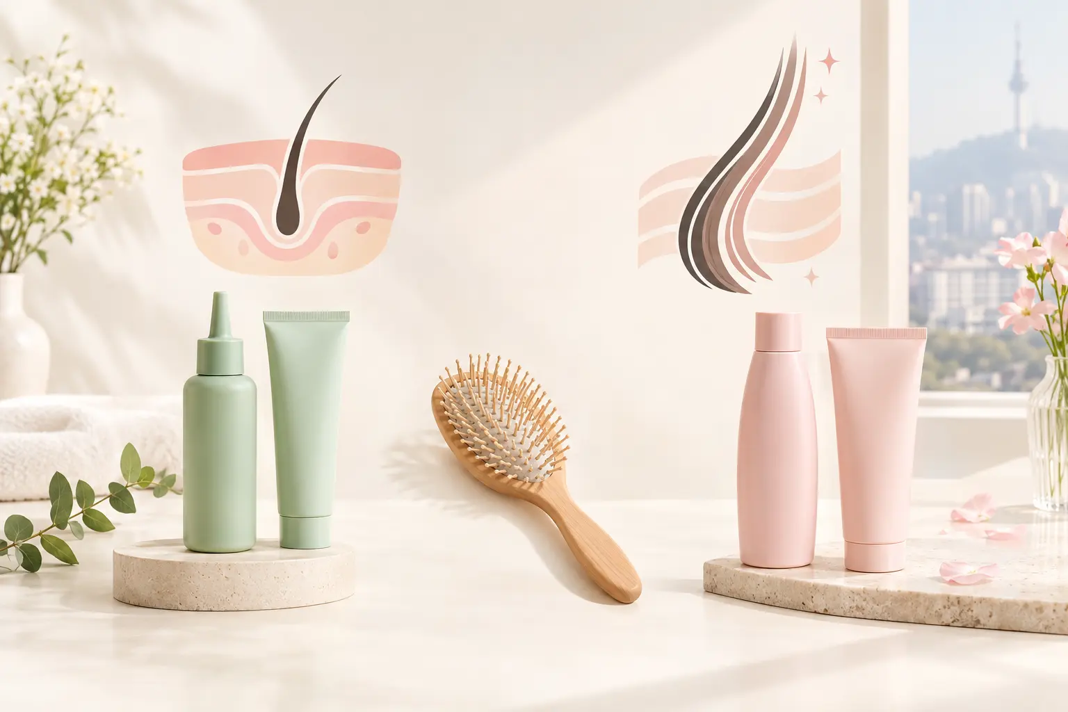 A clean comparison scene with a scalp diagram represented only by simple abstract sections, a hair brush, and two unlabe
