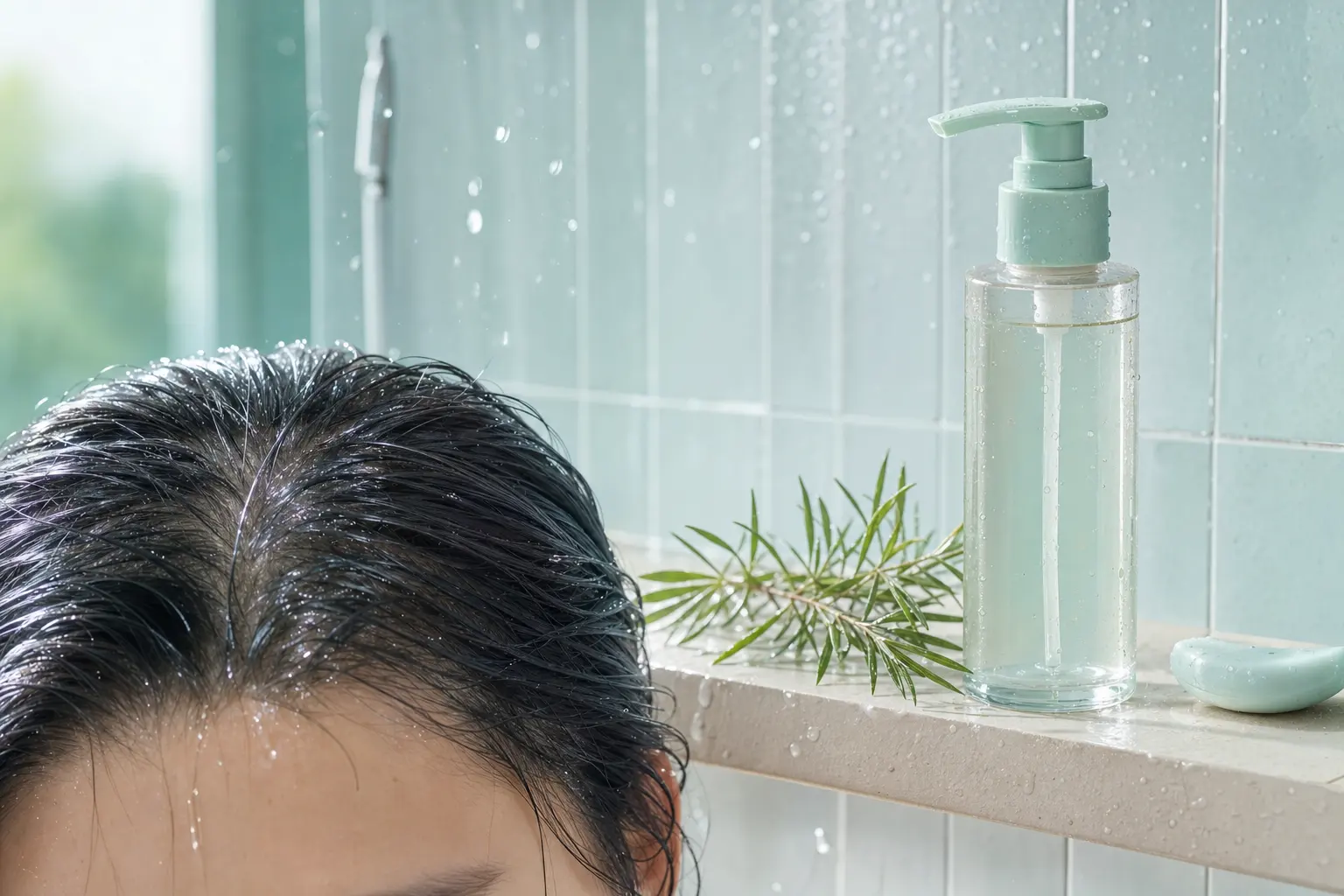 Create a close editorial image illustrating scalp-first shampoo selection: wet dark hair roots beside a clean ceramic sh