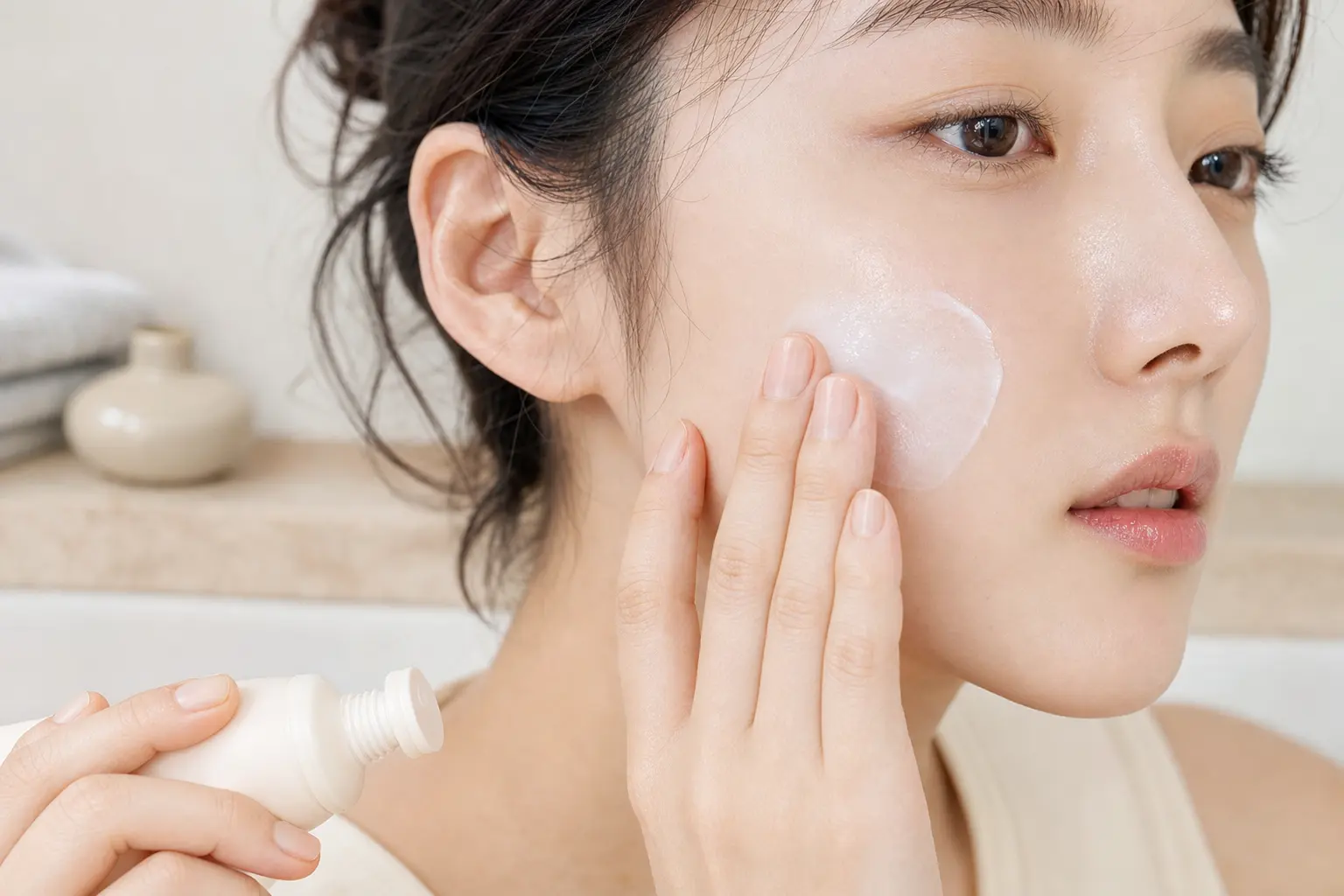 Close crop of a hand applying a lightweight cream sunscreen to the cheek, showing texture and absorption. Soft natural l