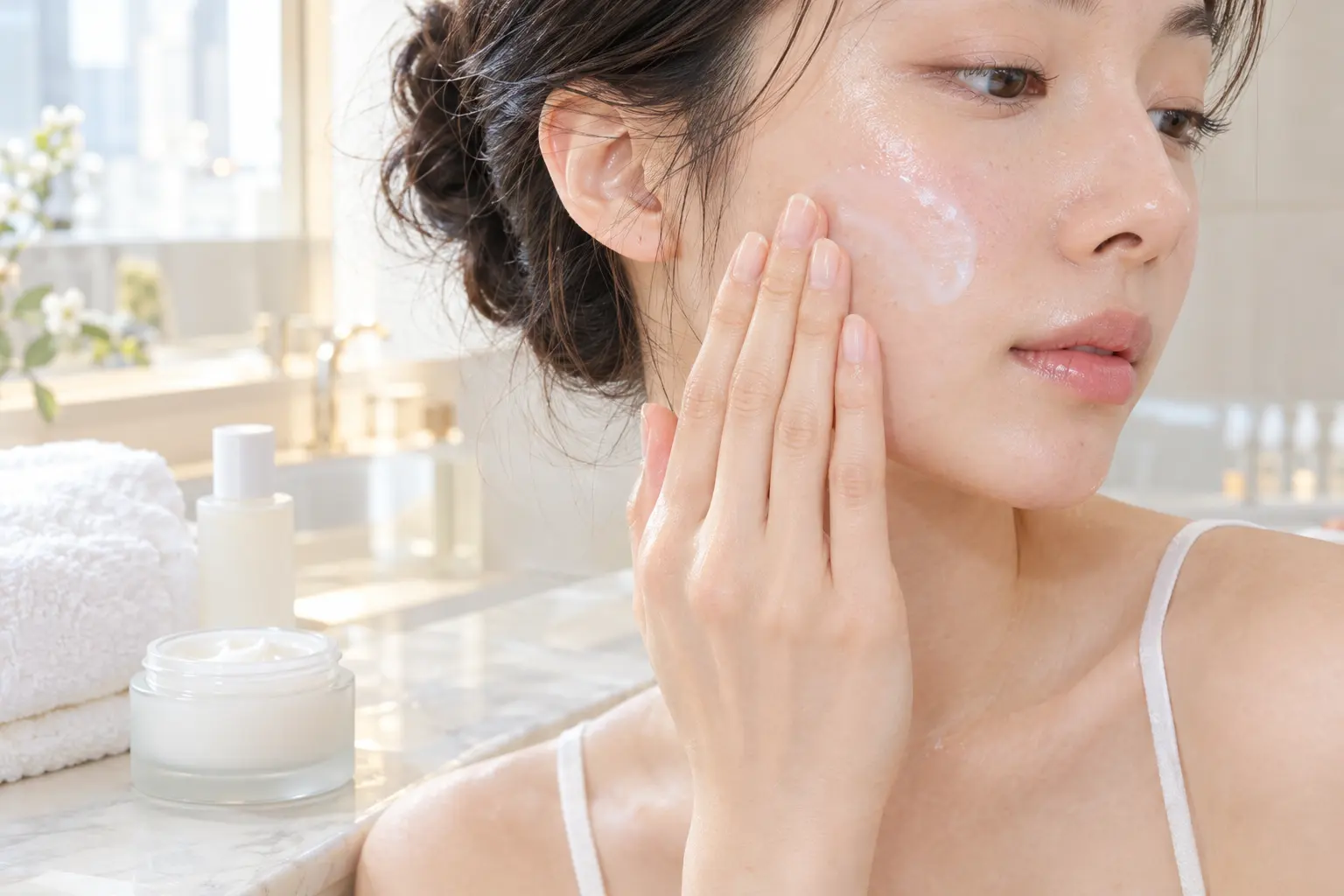 A close editorial view of clean hands patting a milky essence onto slightly damp cheek skin beside a simple white towel 