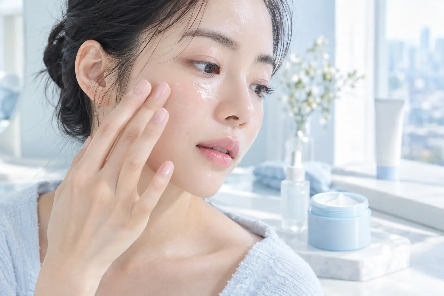 Create a close editorial scene of a skincare routine after cleansing, with clean fingertips applying a thin watery serum