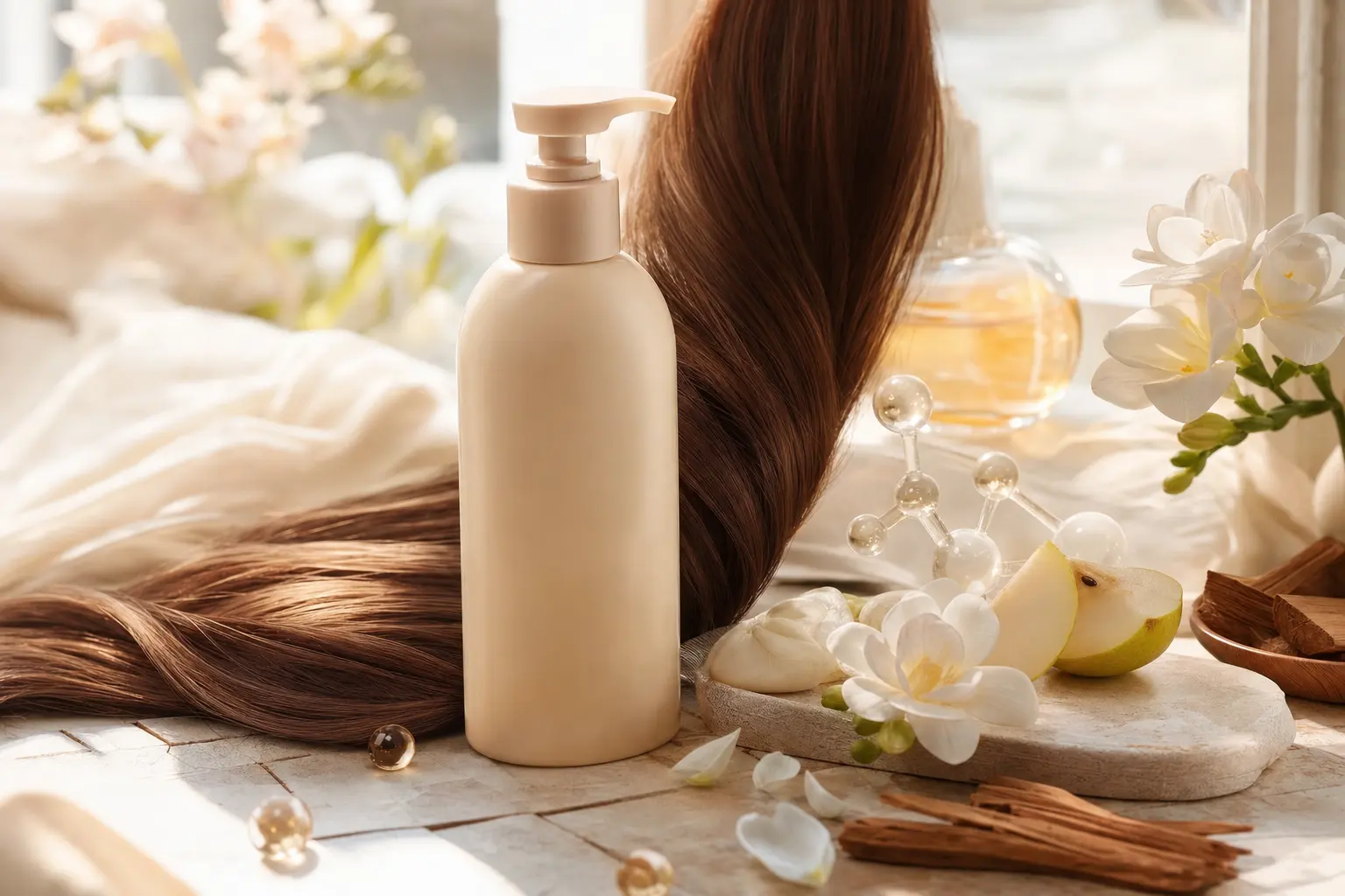 Create a warm hair-care still life for damage-care fragrance choices: smooth strands draped beside a shampoo bottle, col