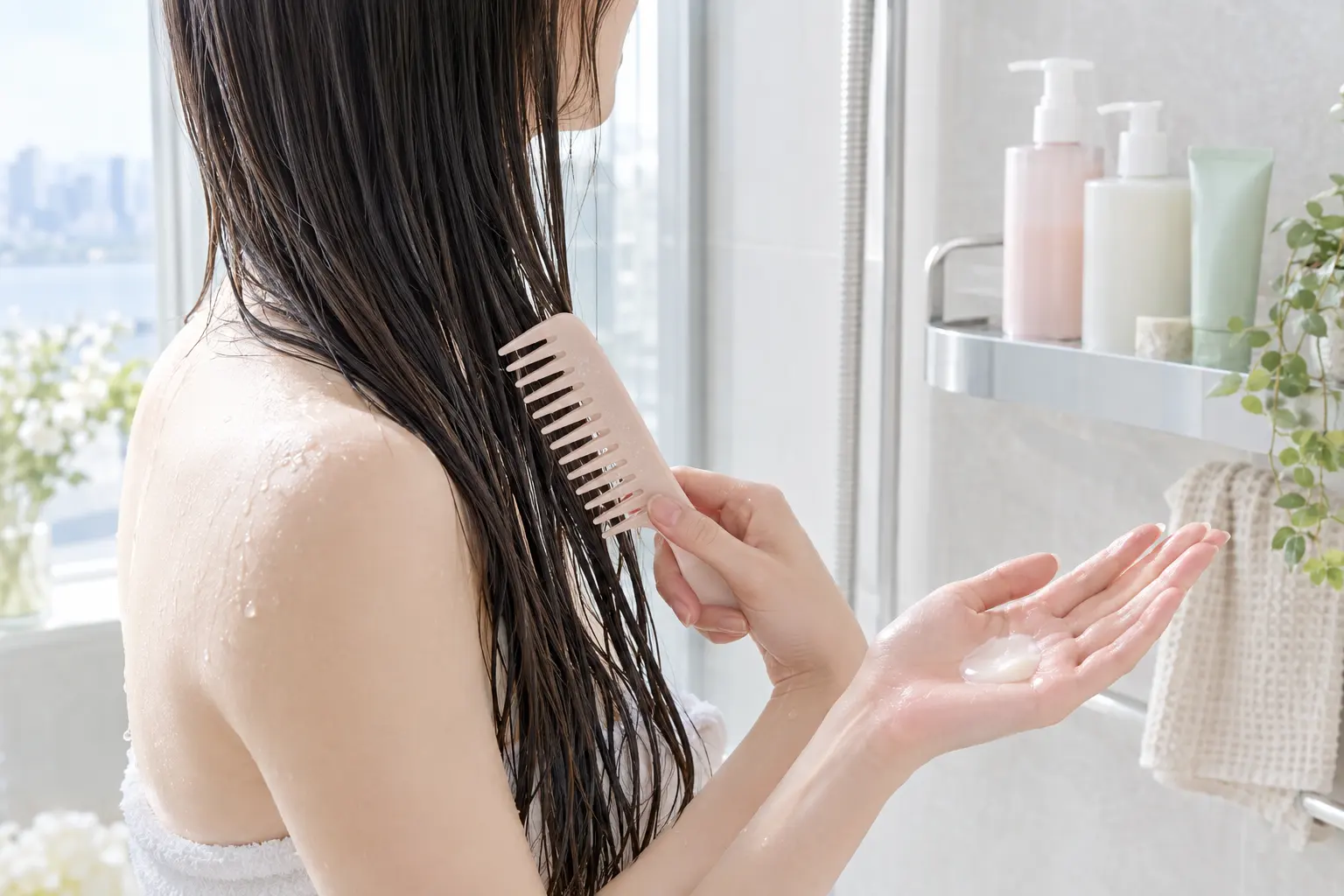 A fine-hair wash-day scene showing a wide-tooth comb, damp delicate lengths, and a small amount of treatment product on