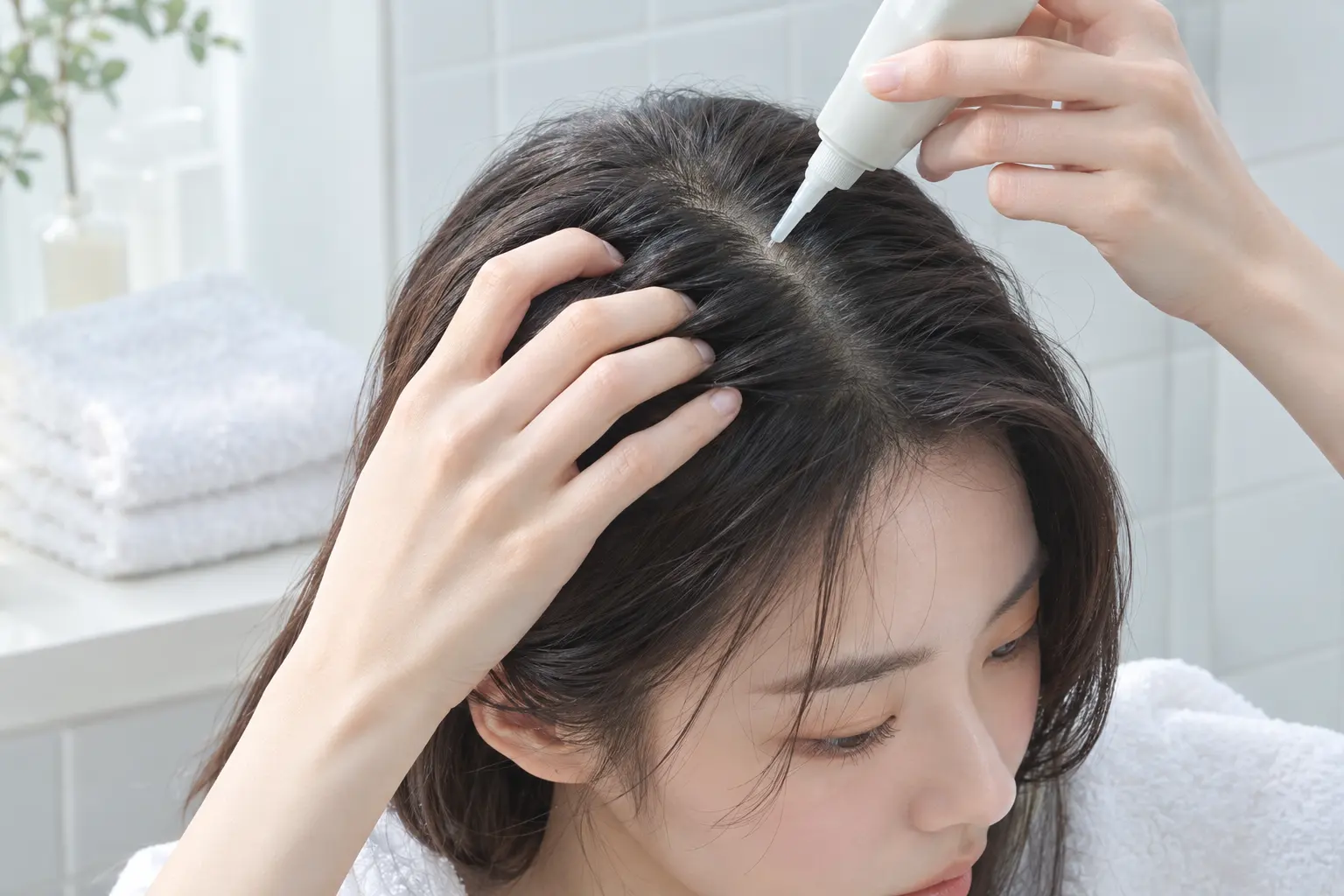 A close editorial view of a hand parting dark hair into neat sections while a precision scalp applicator approaches the