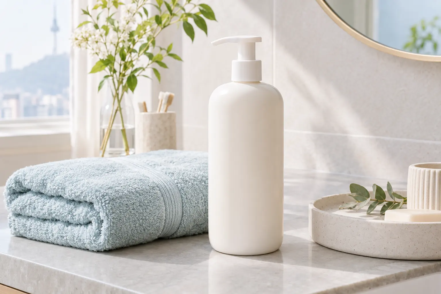 A close-up editorial composition of an unbranded large lotion pump beside a folded towel and a clean ceramic tray on a b