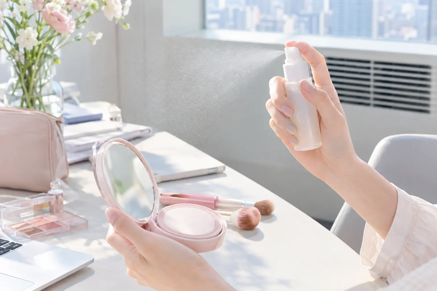 Create a daytime reapplication scene near a desk with an air-conditioner vent in the background, a compact mirror, makeu