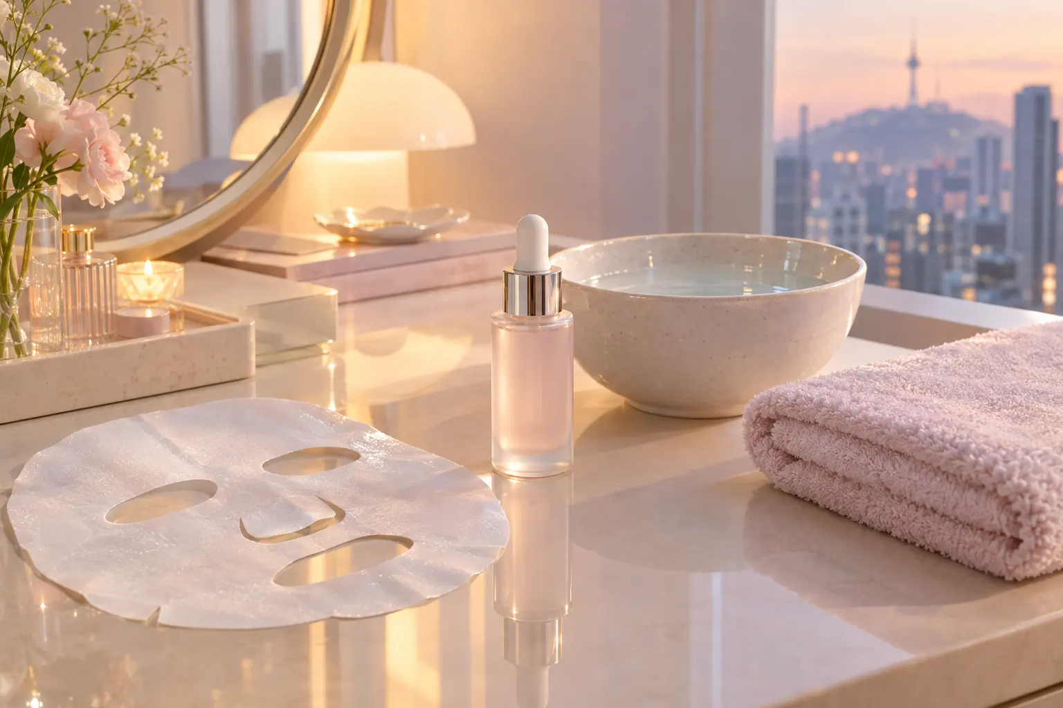 Show a sheet mask, a dropper serum, and a folded towel arranged on a quiet evening vanity beside a small bowl of water. 
