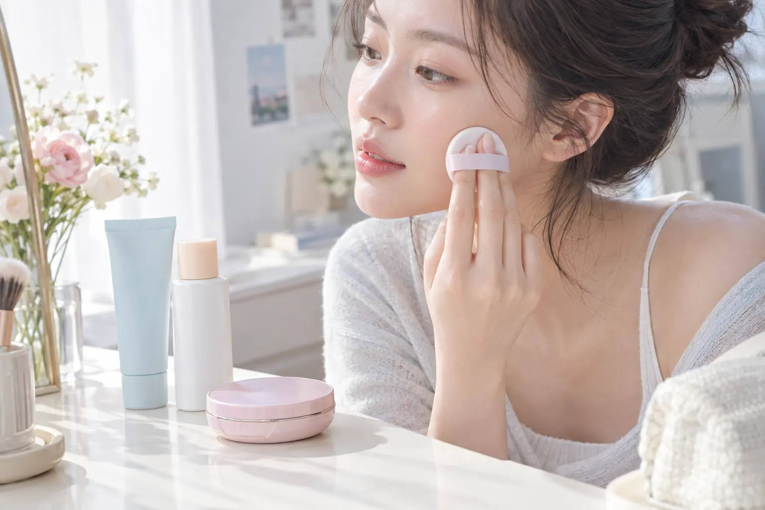 Show a thin-layer cushion application scene with a hand gently tapping a puff onto the cheek, a closed compact, moisturi