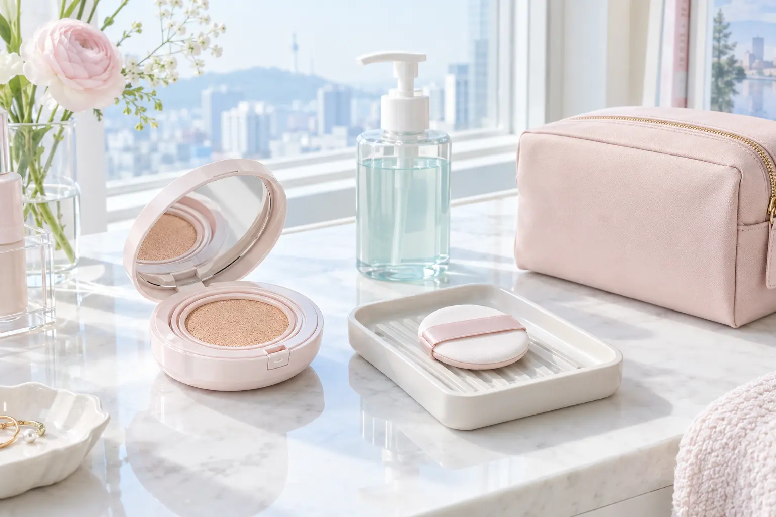Create a hygiene-focused beauty counter scene featuring a clean cushion compact, a separate puff resting on a washable t