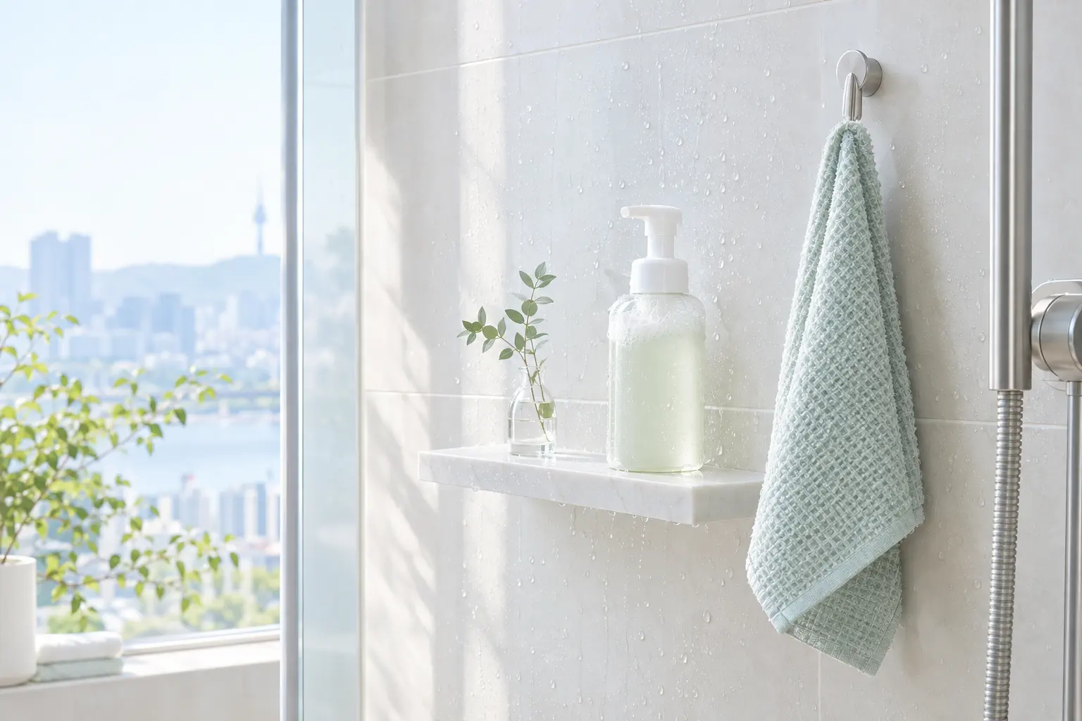 An uncluttered shower shelf with one unbranded foaming wash bottle, water droplets on pale tile and a neatly hung washcl